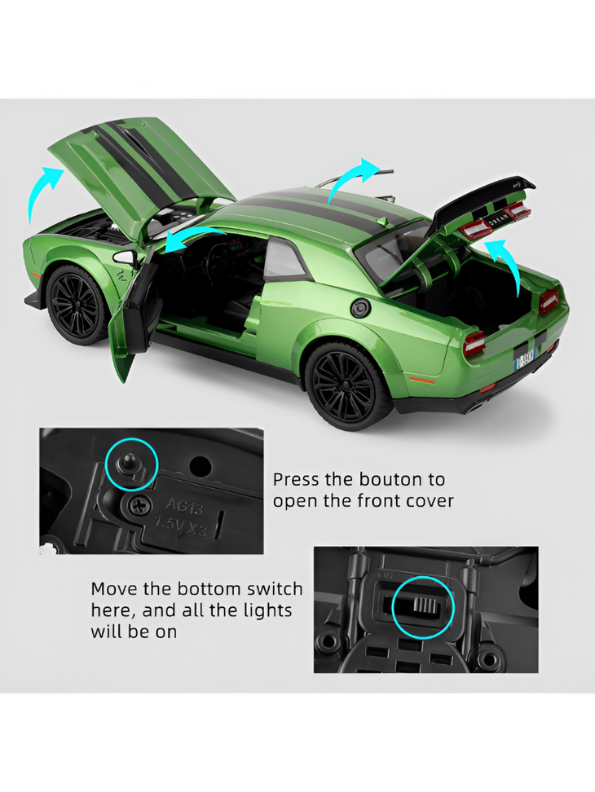 Lime Green Dodge Challenger SRT Hellcat Die-Cast Model Car 1:32 Scale - Opening Doors, Hood & Trunk LMI15610