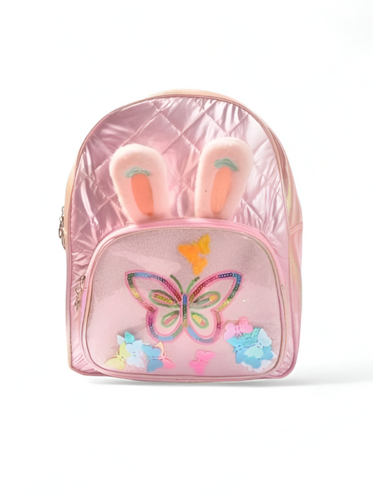 Shimmery Pink Rabbit Ear Backpack | Quilted PU Leather Bag with Glitter Butterfly Patch NOV-GBT50093