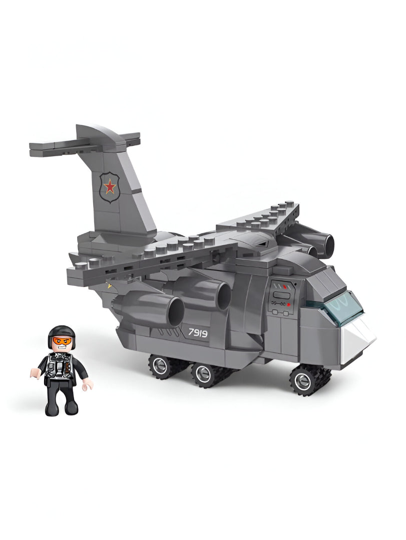 2-in-1 Military Aircraft Building Set with Cargo Plane and Fighter Jet Models – 258 PCS Construction Toy for Kids TV5074