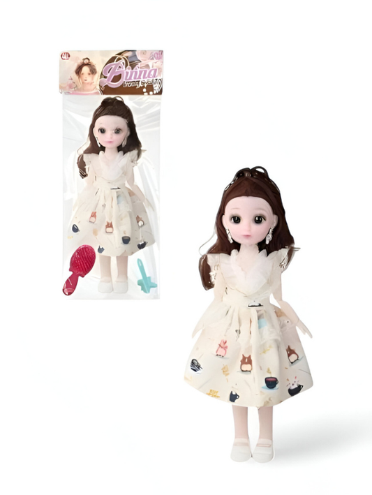 Binna Fashion Doll (11-Inch) with Dark Hair & Cute Beverage Print Dress | Comb & Tool Accessory LMI13932