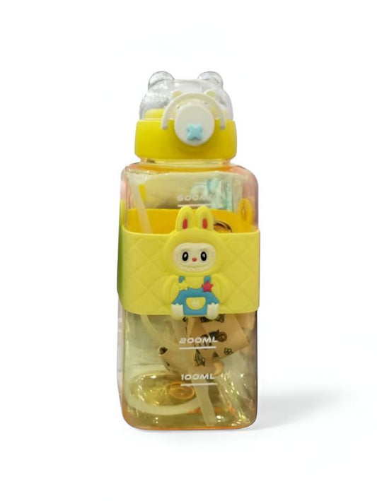 Labubu Inspired Kids' Water Bottle - Purple Square Shape with Cute Bunny Character & Bear Ears Lid  NOVHBC-1881346