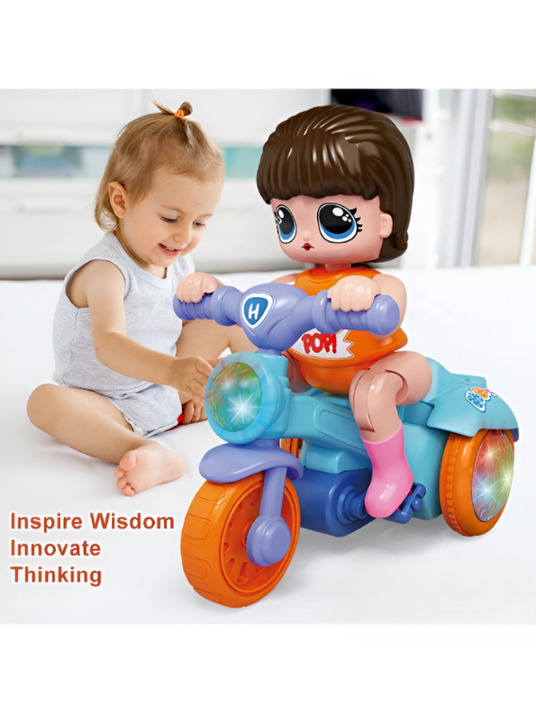 Musical Light-Up Stunt Motorcycle Toy for Kids | Bump and Go Tricycle Doll Rider MS12550
