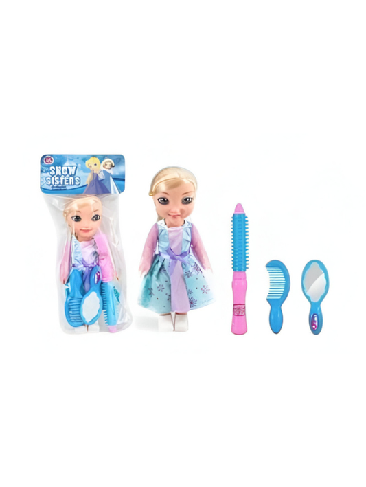 Snow Sisters Mini Princess Doll & Hair Styling Set | Play Doll with Comb, Mirror, and Styling Tool LMI11754