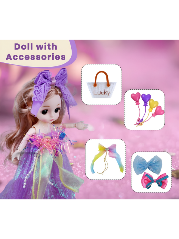 Luxury Princess Fashion Doll Set in Purple Ruffle Dress with Bows & Accessories - Deluxe Gift for Girls NX13107