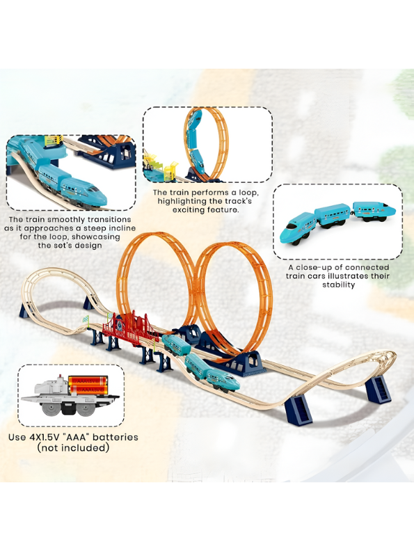 Wooden & Plastic Track Train Set with Two Vertical Loops | Loop-the-Loop Rollercoaster Train Toy LMI11808
