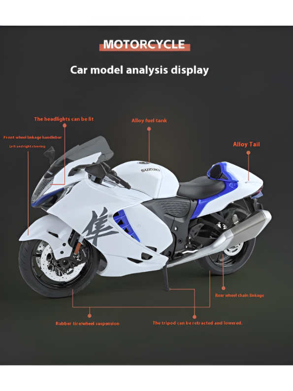 Suzuki Hayabusa GSX 1/6 Diecast Bike – Spray Feather, Collector’s Stand & Key Replica - White TV5904.