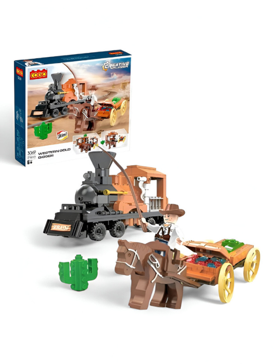 3-in-1 Western Gold Digger Building Block Set - 212 PCS Steam Train & Horse Wagon LEGO Set - COGO Cowboy Toy TV5632