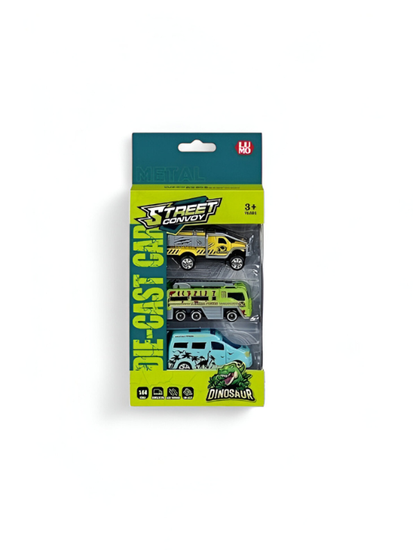 3-Pack Die-Cast Metal Toy Car Set | Dinosaur Theme Street Convoy Vehicles LMI15666