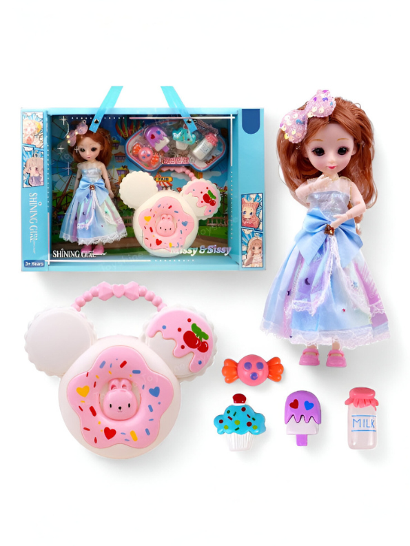 Shining Girl Mini Fashion Doll Set with Donut Purse, Sweet Dress & Accessory Charms - Collectible Gift for Kids NX13114