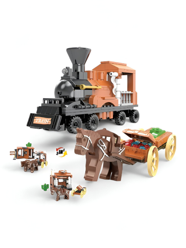 3-in-1 Western Gold Digger Building Block Set - 212 PCS Steam Train & Horse Wagon LEGO Set - COGO Cowboy Toy TV5632
