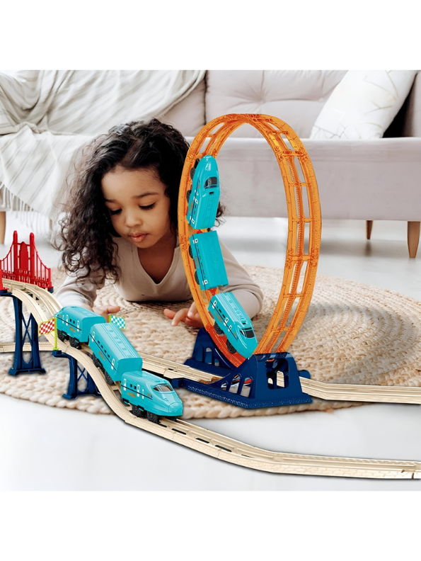 Wooden & Plastic Track Train Set with Two Vertical Loops | Loop-the-Loop Rollercoaster Train Toy LMI11808