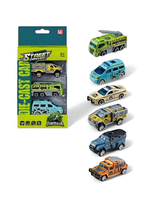 3-Pack Die-Cast Metal Toy Car Set | Dinosaur Theme Street Convoy Vehicles LMI15666