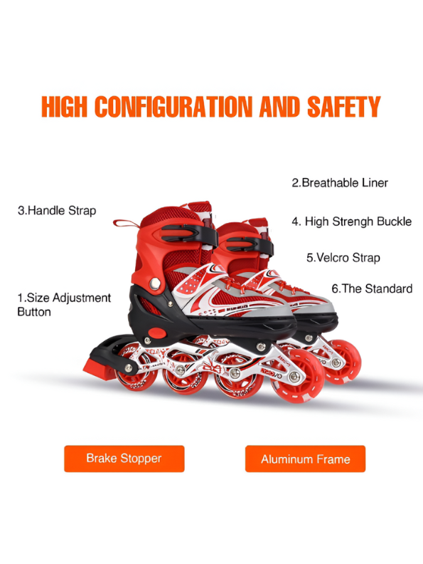 Sparkle Red Inline Roller Skates - Extendable Kids' Skates for Girls - White/Grey Accents LMI10750