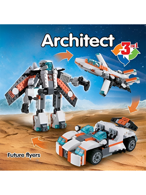 3-in-1 Future Flyers Building Block Set - 237 PCS ARCHITECT Robot, Jet, & Car LEGO Set - STEM Transformer Toy TV875
