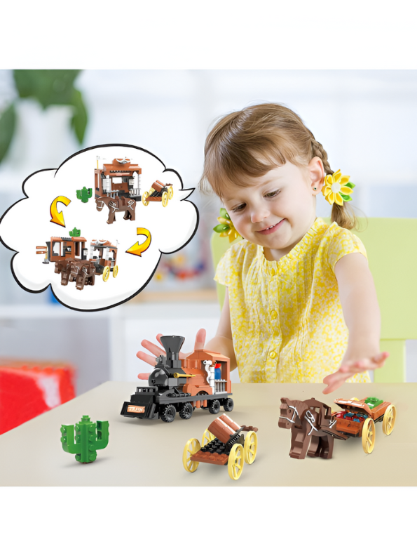 3-in-1 Western Gold Digger Building Block Set - 212 PCS Steam Train & Horse Wagon LEGO Set - COGO Cowboy Toy TV5632