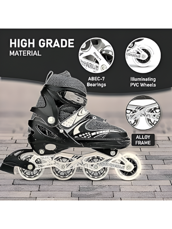 Sparkle Black Inline Roller Skates - Extendable Kids' Skates for Girls - White/Grey Accents LMI10750