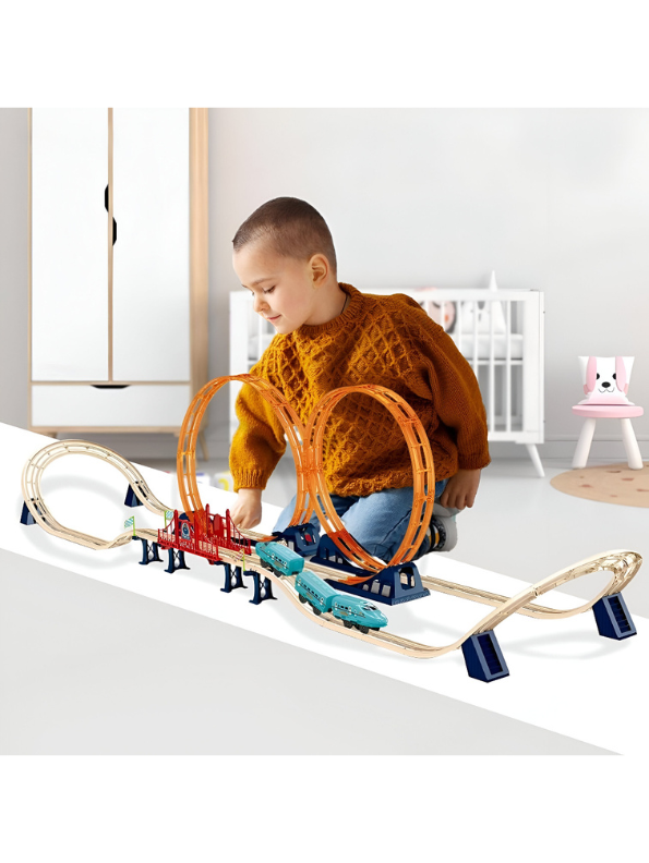 Wooden & Plastic Track Train Set with Two Vertical Loops | Loop-the-Loop Rollercoaster Train Toy LMI11808