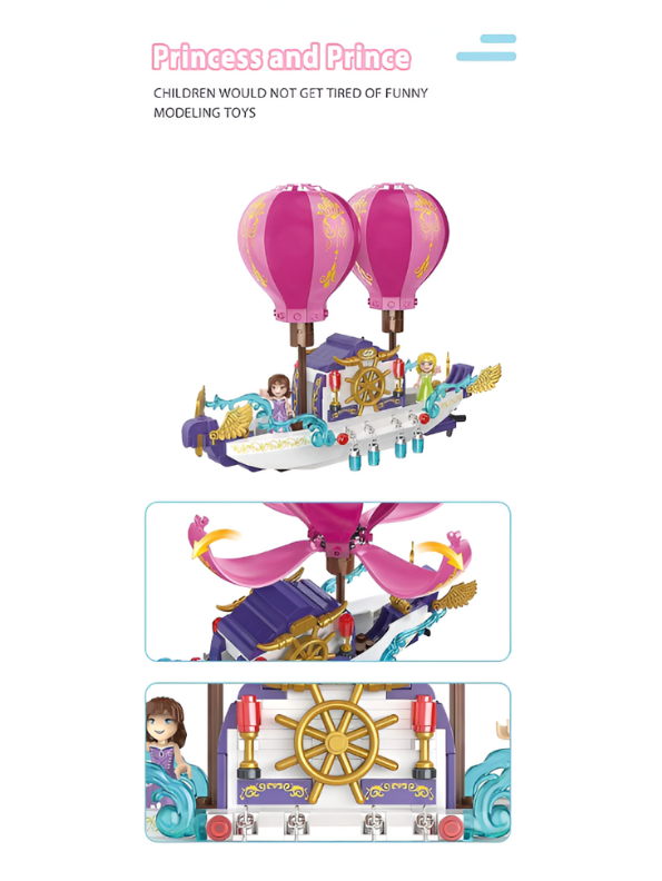Fairy Tale Hot Air Balloon Boat Building Block Set - 358 PCS Fantasy LEGO Set - Princess Flying Ship Toy for Girls TV942