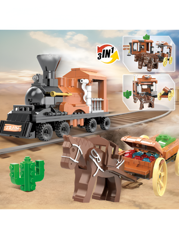3-in-1 Western Gold Digger Building Block Set - 212 PCS Steam Train & Horse Wagon LEGO Set - COGO Cowboy Toy TV5632