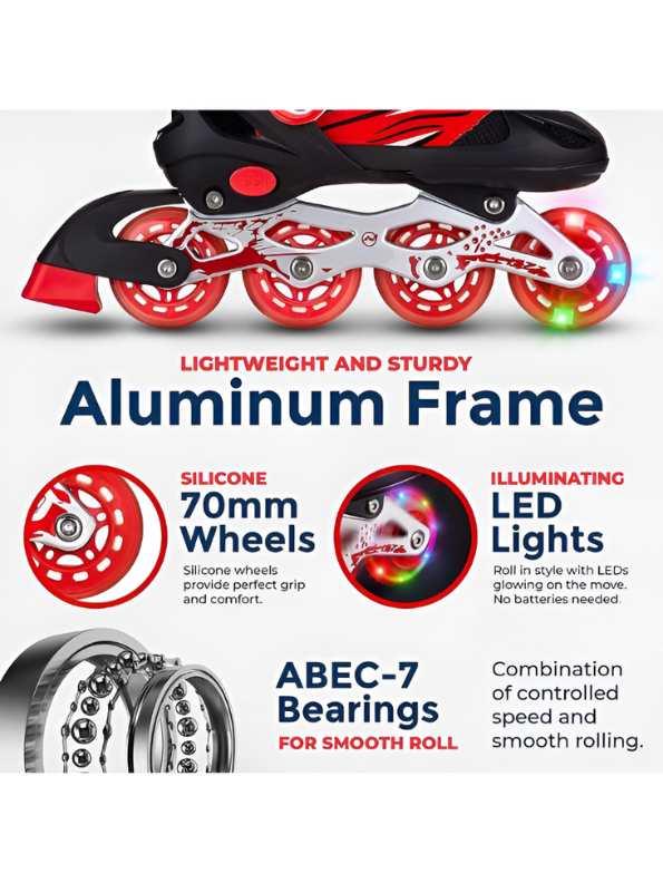 Sparkle Red Inline Roller Skates - Extendable Kids' Skates for Girls - White/Grey Accents LMI10750