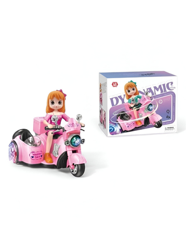 Dynamic Doll Motorcycle Toy with Sidecar | Pink Scooter Ride-On with Music and Flashing Lights LMI14213