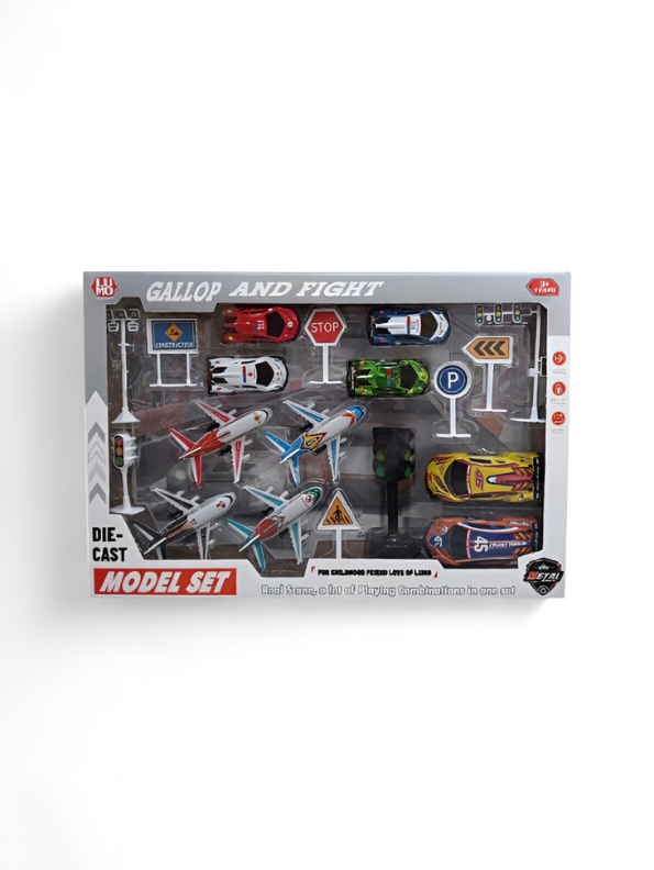 Die-Cast Racing Car and Airplane Model Set for Boys | 10+ Piece Toy Vehicle Playset with Road Signs & Accessories LMI15698