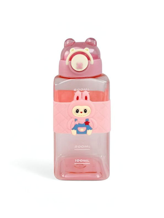 Labubu Inspired Kids' Water Bottle - Pink Square Shape with Cute Bunny Character & Bear Ears Lid  NOVHBC-1881346