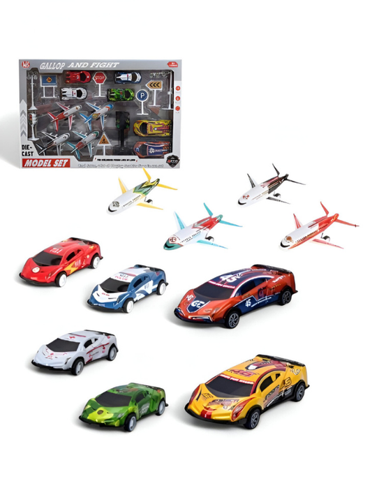 Die-Cast Racing Car and Airplane Model Set for Boys | 10+ Piece Toy Vehicle Playset with Road Signs & Accessories LMI15698