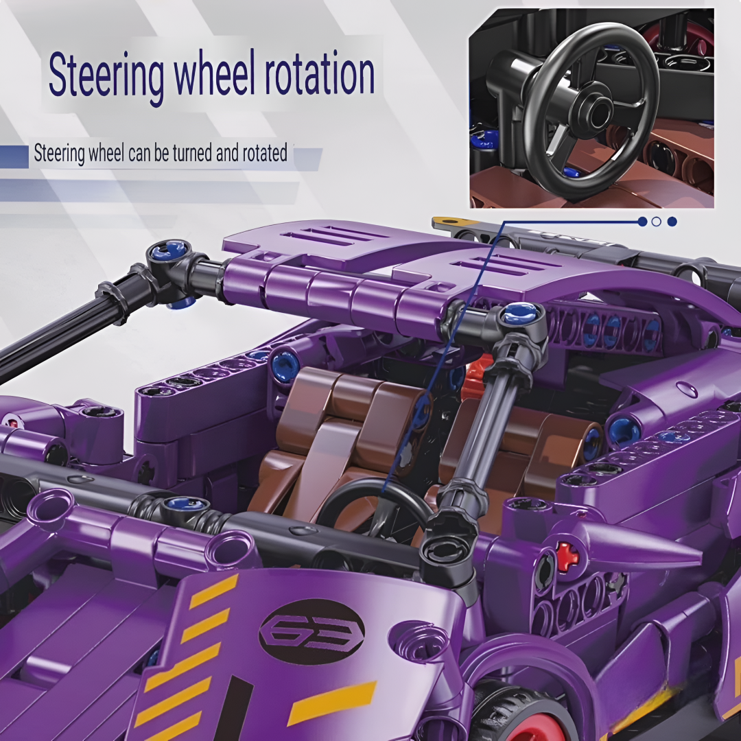 Mechanical Supercar Building Block Set – 1:18 Scale Purple Pull-Back Racing Car Toy with Scissor Doors & Rotating Steering Wheel – Creative STEM Kit for Kids Ages 6+ TV6044