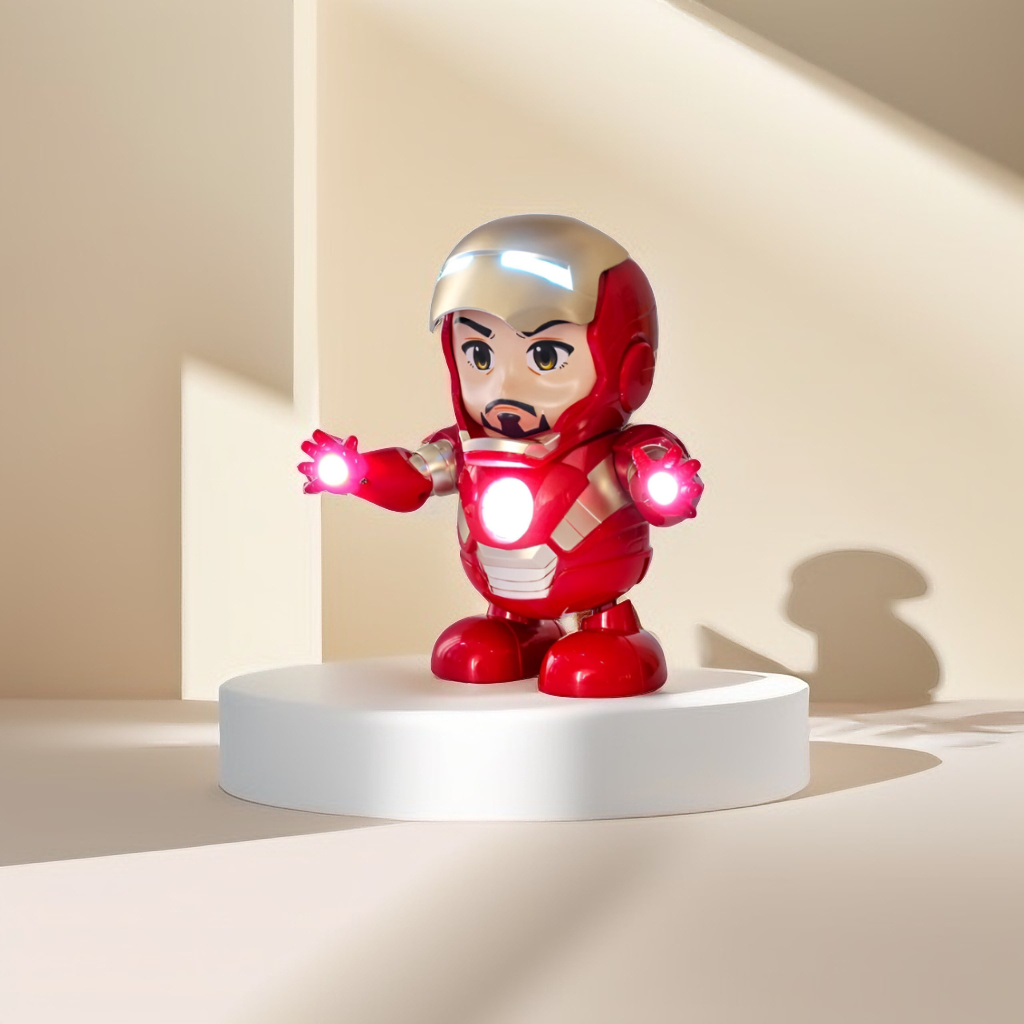 Super Dance Hero Iron Man Toy – Music, LED Lights, 360° Rotation & Flashing Lights, Interactive Action Figure for Kids.