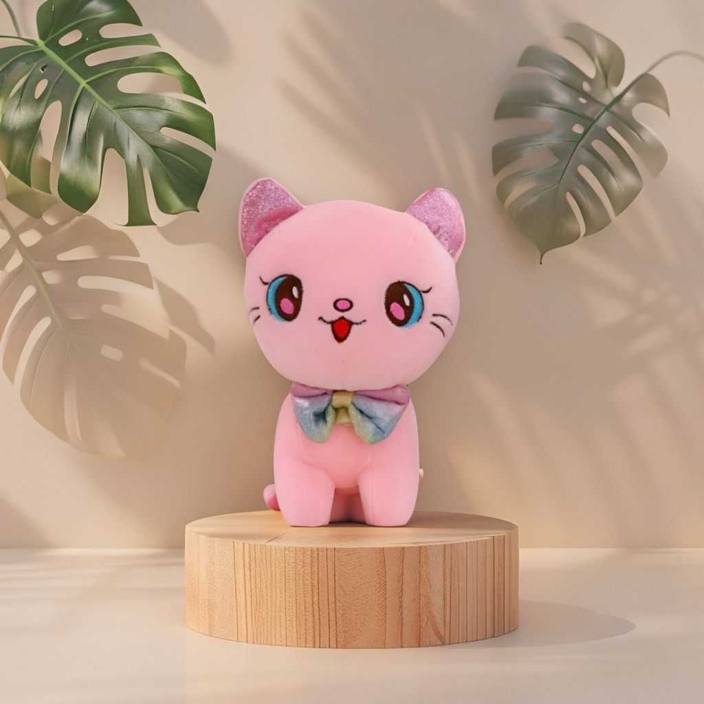 Adorable Pink Cat Soft Plush Toy 8 Inch | Sparkle Ears & Rainbow Bow | Perfect Gift LMI11596