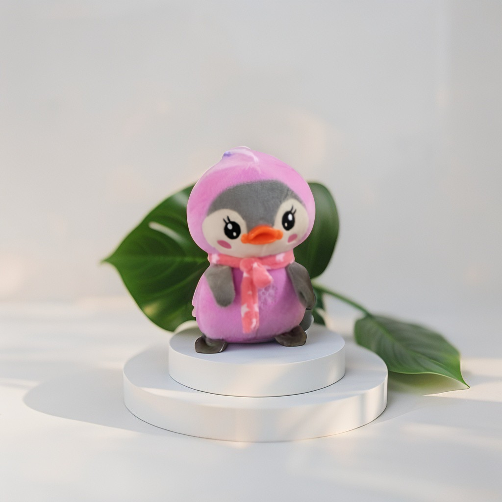 Adorable Grey Penguin Plush Toy with Pink Scarf and Hoodie for Kids | Soft & Cuddly Stuffed Animal LMI11927