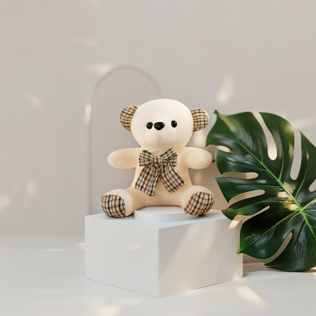 White - Soft & Cuddly Teddy Bear with Plaid Bow - Perfect Gift for Kids (7 Inch) LMI11912