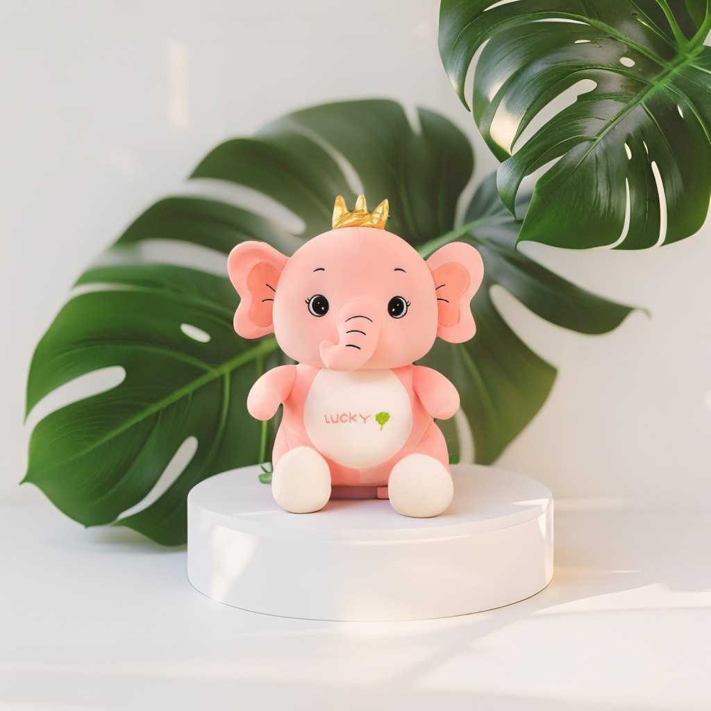 Lucky Pink Elephant Plush Toy for Kids - 10-Inch Cute Stuffed Animal Soft Toy with Golden Crown LMI14141.