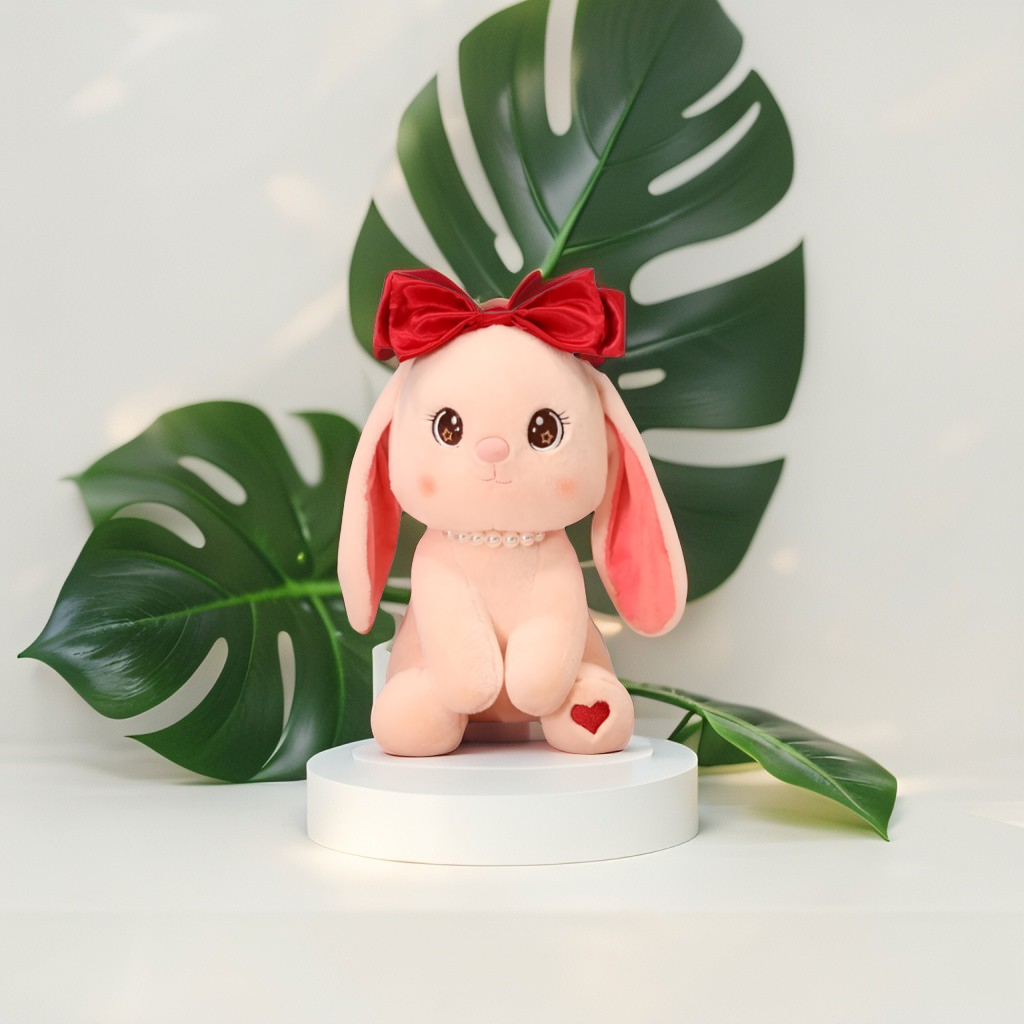 Cute Pink Bunny Soft Plush with Red Bow and Pearl Necklace - A Perfect Valentine's Day Gift LMI15457