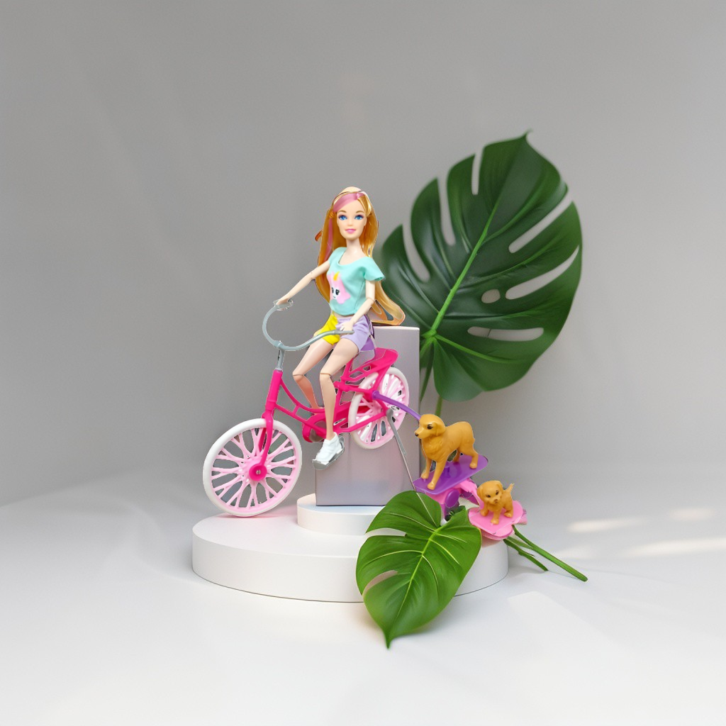 Barbie Doll Bicycle Toy with Puppy Pet Playset – Pastel Doll Bike & Puppy on Wheels LMI15420.