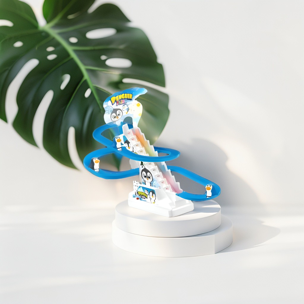 Penguin Race Track Toy with Climbing Escalator, Flashing Lights & Music – Slide & Spin Track Set for Toddlers LMI15336.