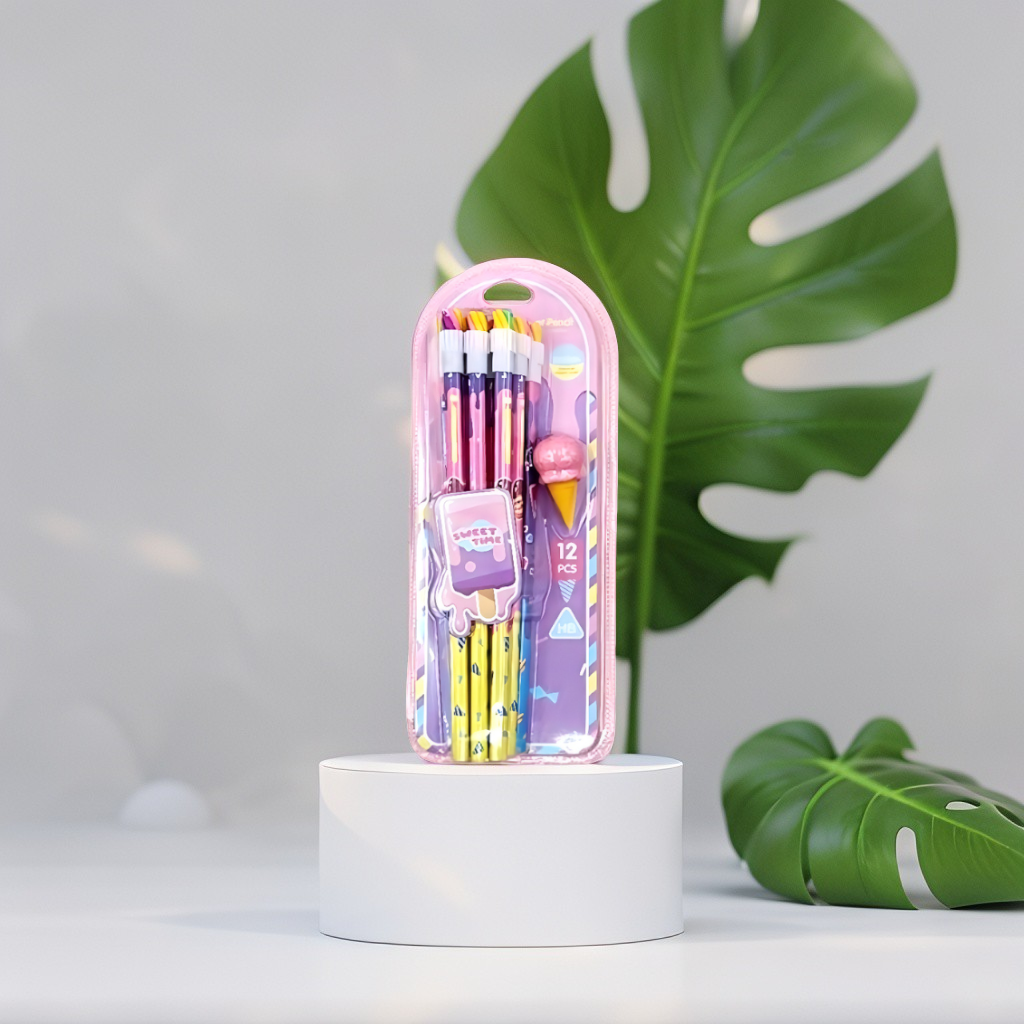 Sweet Time 12-Piece Pencil Set | Cute Ice Cream Themed Stationery Kit | Back to School Supplies Gift for Girls NOVGBT-121206-E.