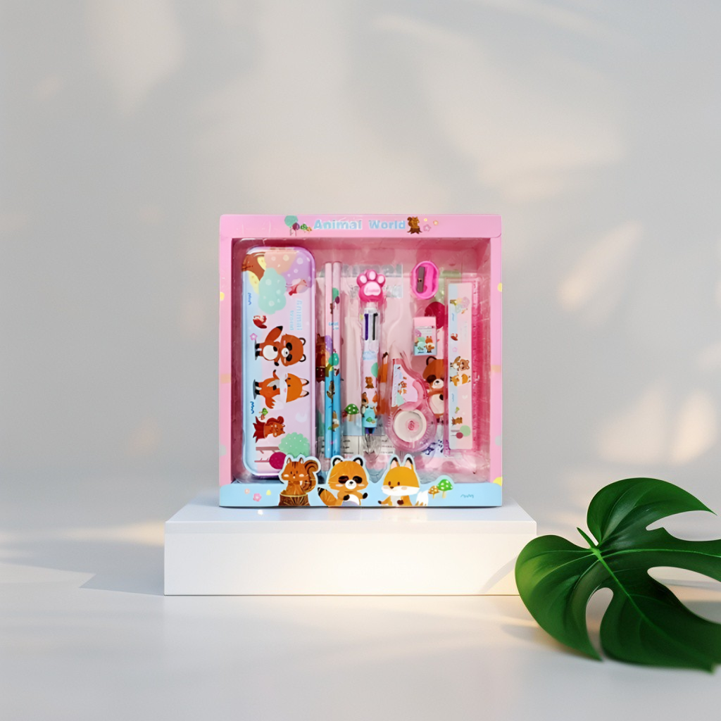 Animal World Stationery Set for Kids | Cute Fox & Raccoon Themed Back to School Kit | Pencil Case & Supplies Gift NOVGBT-8462.