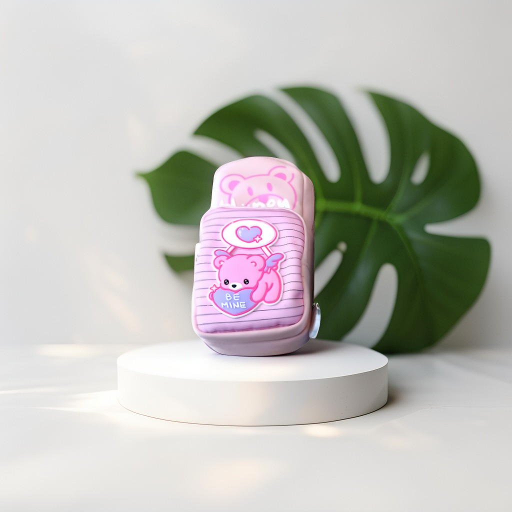 Cute Pink Bear Pencil Pouch with Zipper | "Be Mine" Cartoon Stationery Case | Kawaii Pen Bag for Girls & Kids NOVGBT-50042.