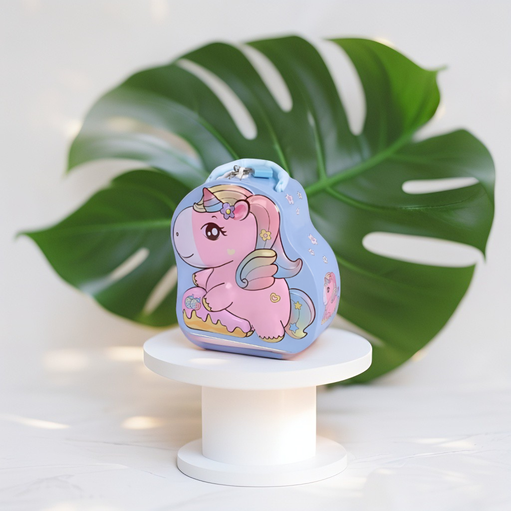 Blue - 3D Unicorn Piggy Bank – Metal Money Box with Lock & Key, Secure Savings Bank NOVGBT-8212.