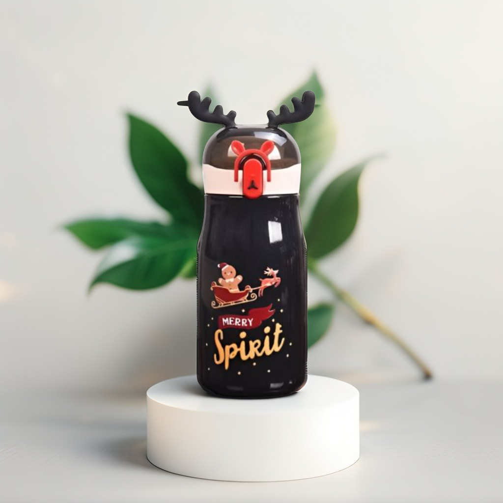 Black - Rudolph – Christmas Theme Kids Water Bottle 300ml | Cute Reindeer Design on Top | Leakproof & BPA-Free NOV3551.