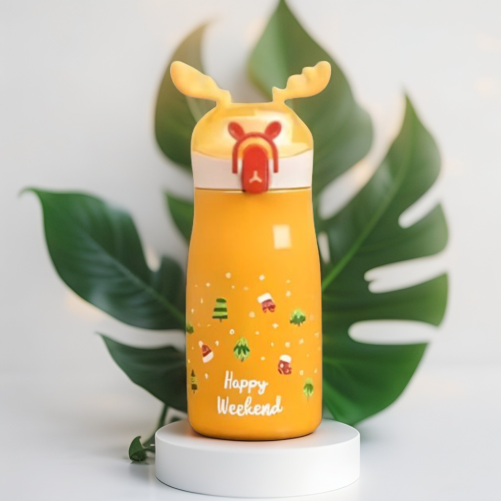 Yellow - Rudolph – Christmas Theme Kids Water Bottle 300ml | Cute Reindeer Design on Top | Leakproof & BPA-Free NOV3551.