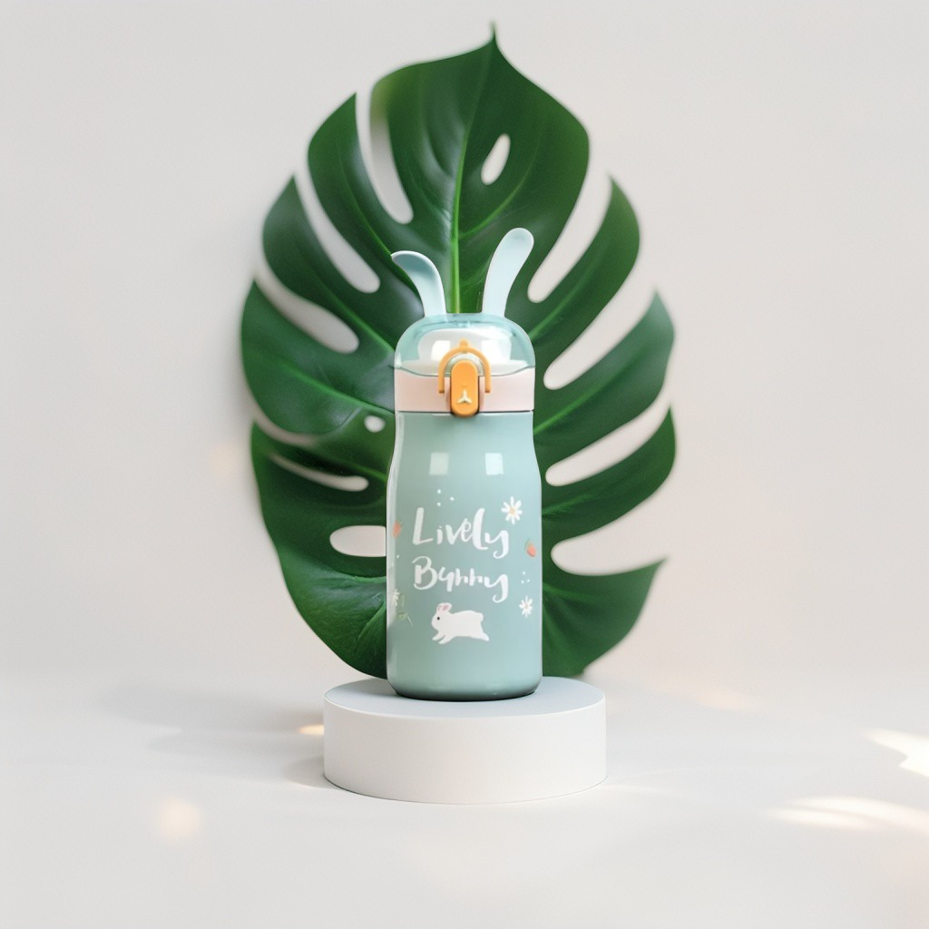 Green - Rabbiyt Bunny Ears Water Bottle for Kids 300ml – Cute & Safe Sipper for School & Travel NOV3557.