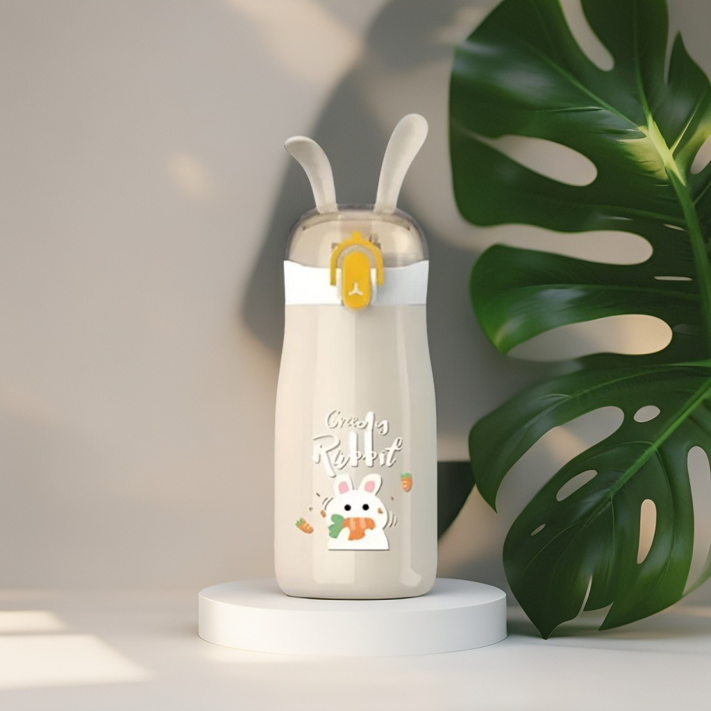 Brown - Rabbiyt Bunny Ears Water Bottle for Kids 300ml – Cute & Safe Sipper for School & Travel NOV3557.