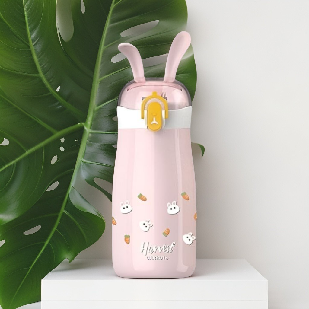 Pink - Rabbiyt Bunny Ears Water Bottle for Kids 300ml – Cute & Safe Sipper for School & Travel NOV3557.