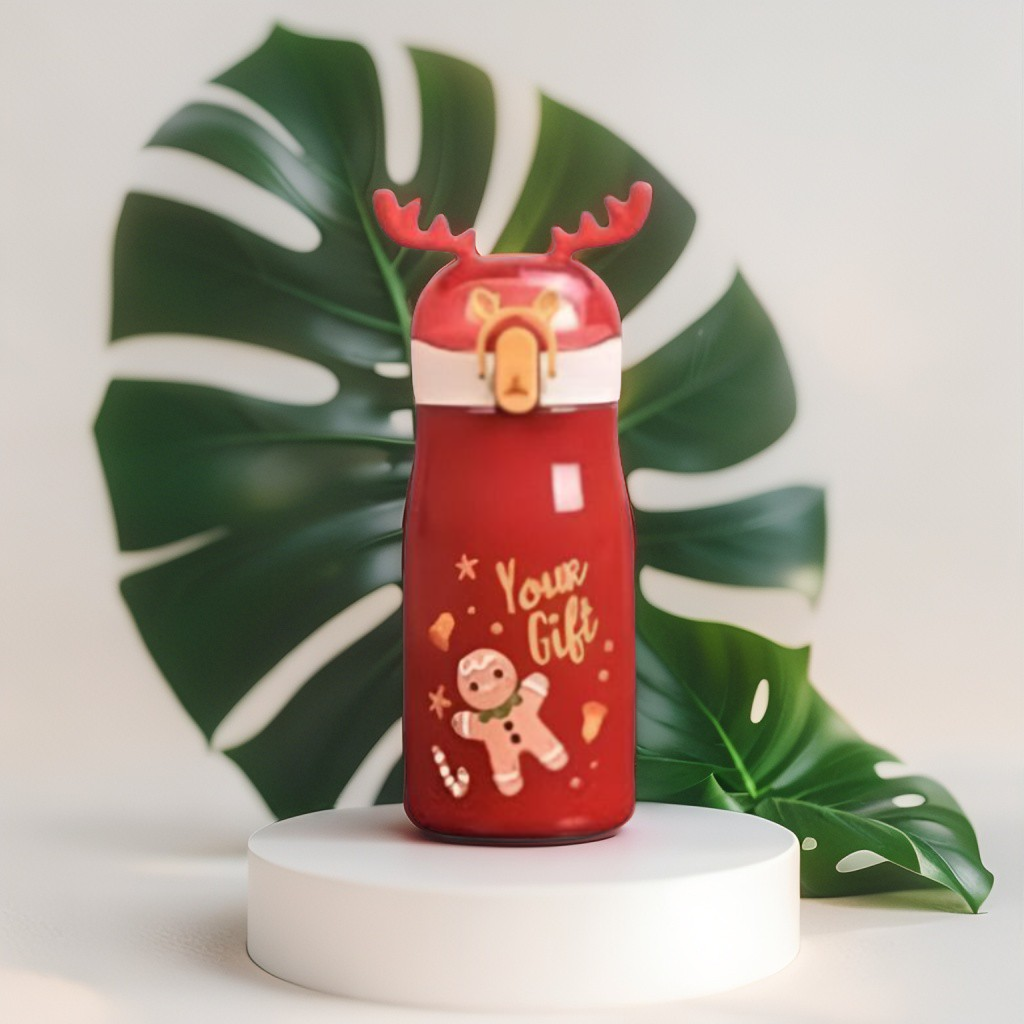 Red - Rudolph – Christmas Theme Kids Water Bottle 300ml | Cute Reindeer Design on Top | Leakproof & BPA-Free NOV3551.
