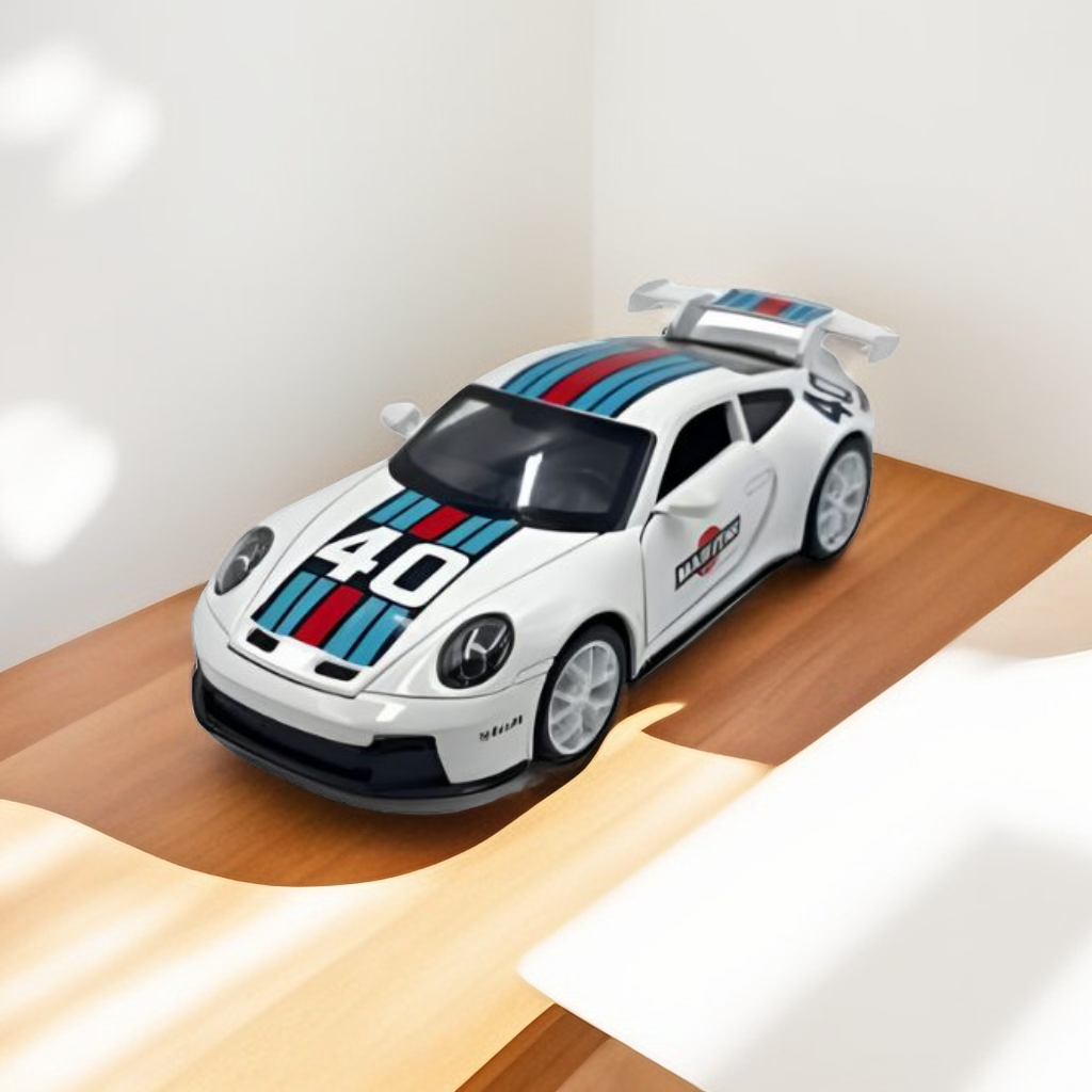 White - Porsche 911 GT3 RS Martini – Supercar Toy with Pull Back Action for Kids & Collectors F21008 Scale 1:32 - Acrylic Transparent Box.