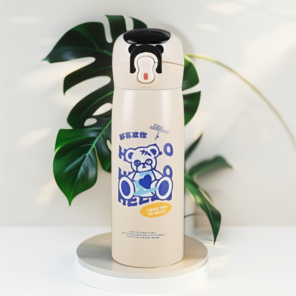 White - TinyHydro – Cartoon Print Bottle 450ml Stainless Steel, Push Button with Lock, Smart Temp Display NOV7250.