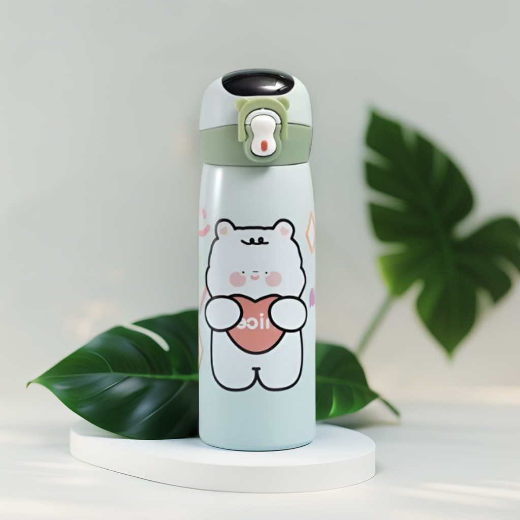 WildSip – Cute Animal Print Temperature Water Bottle – 450ml Stainless Steel Push Button Sipper for Kids & Adults NOV8341.